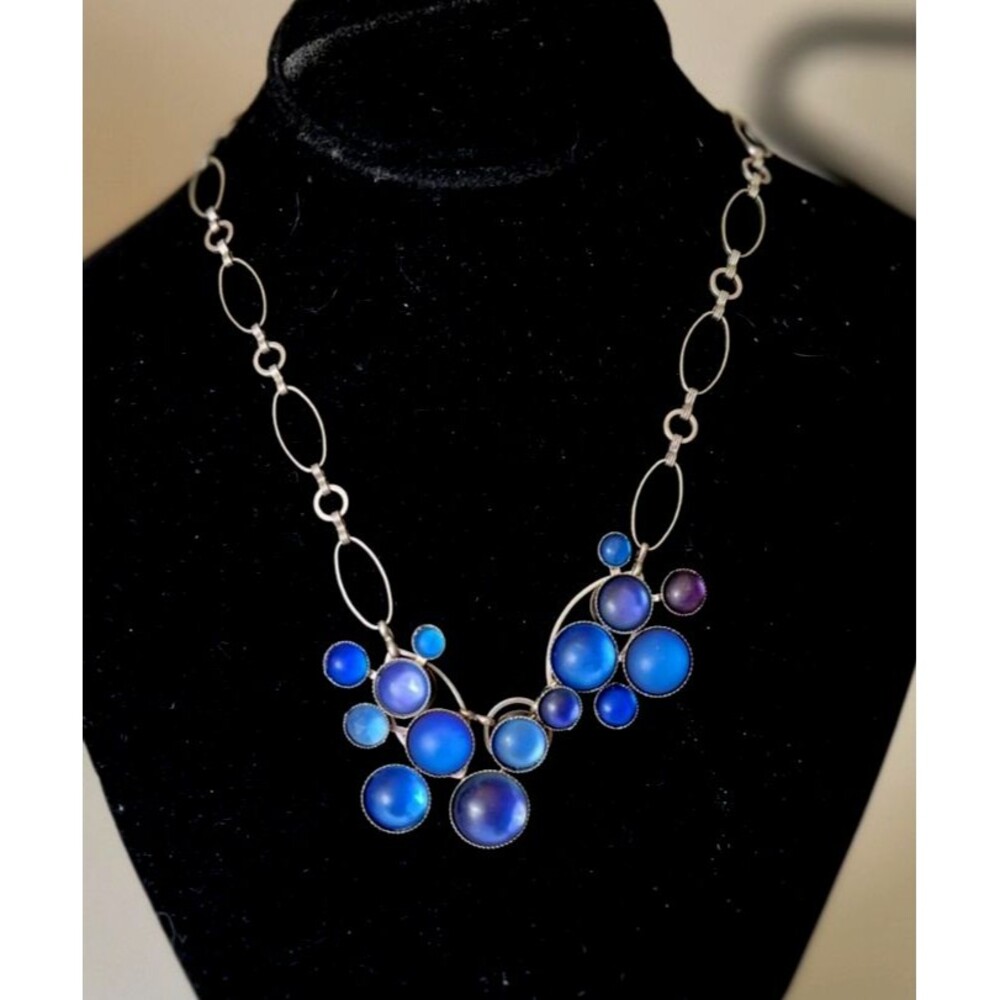 SOUSA Necklace Blue Frosted Glass Cabochons Silver Tone Chain